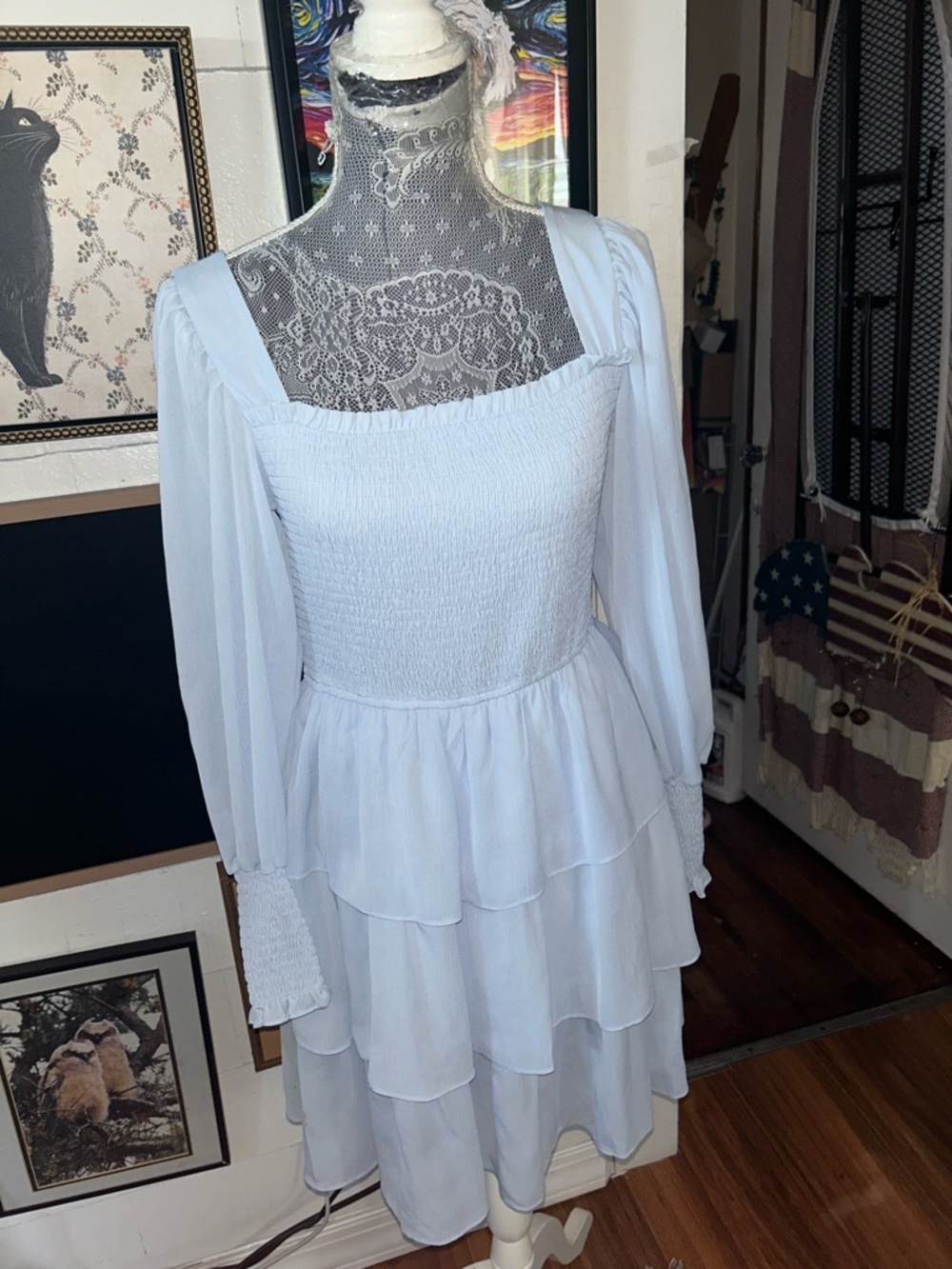 Smocked Light Blue Tiered Long-Sleeve Dress - Women